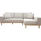 miliboo Ecksofa rechts 5-Sitzer mit Stauraum beiger Stoff mit strukturiertem Samteffekt und helles Holz KOMAO