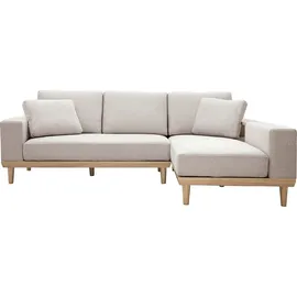 miliboo Ecksofa rechts 5-Sitzer mit Stauraum beiger Stoff mit strukturiertem Samteffekt und helles Holz KOMAO