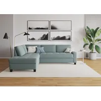 Ecksofa DOMO COLLECTION "Florentina zeitlos und elegant, Sitznähte als Designelement, L-Form", blau (eisblau), B:243cm H:84cm T:209cm, Struktur fein (100% Polyester), Luxus-Microfaser (100% Polyester), Luxus-Microfaser in Chenille-Optik (100% Polyester), Microvelour (100% Polyester), Webstoff (100% Polyester), Sofas, wahlweise mit Bettfunktion, mit Kontrastnaht, Komfortsitzhöhe 47cm