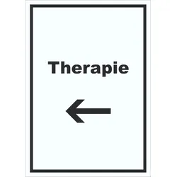 Therapie Schild mit Text und Richtungspfeil links Raum Behandlung hochkant A3 (297x420mm)