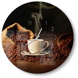 DEQORI Wanduhr ‚Kaffeetasse mit Bohnen‘ (Glas Glasuhr modern Wand Uhr Design Küchenuhr) braun 50 cm x 50 cm