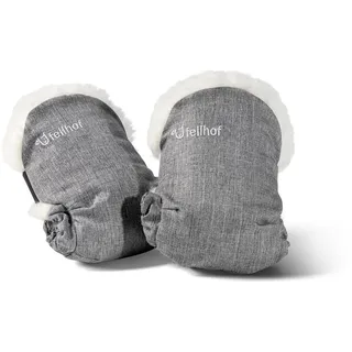 Fellhof® Kinderwagen Handwärmer UNI, 100% Merino-Lammfell, wind- u. wasserabweisend, reflektierende Streifen, OEKO-TEX® zertifiziert, Universalgröße für alle Kinderwagen black-melange