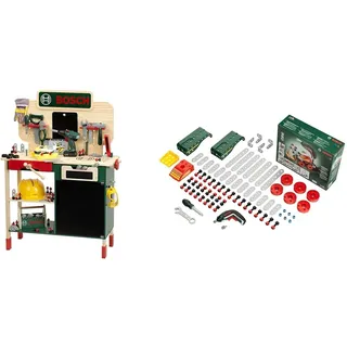 Theo Klein 8734 Bosch Holzwerkbank & Theo Klein 8497 Multi-Tech Konstruktionsset mit Bosch Ixolino I 107 BAU-Teile I Batteriebetriebener Ixolino mit Licht und Sound Spielzeug für Kinder ab 3 Jahren