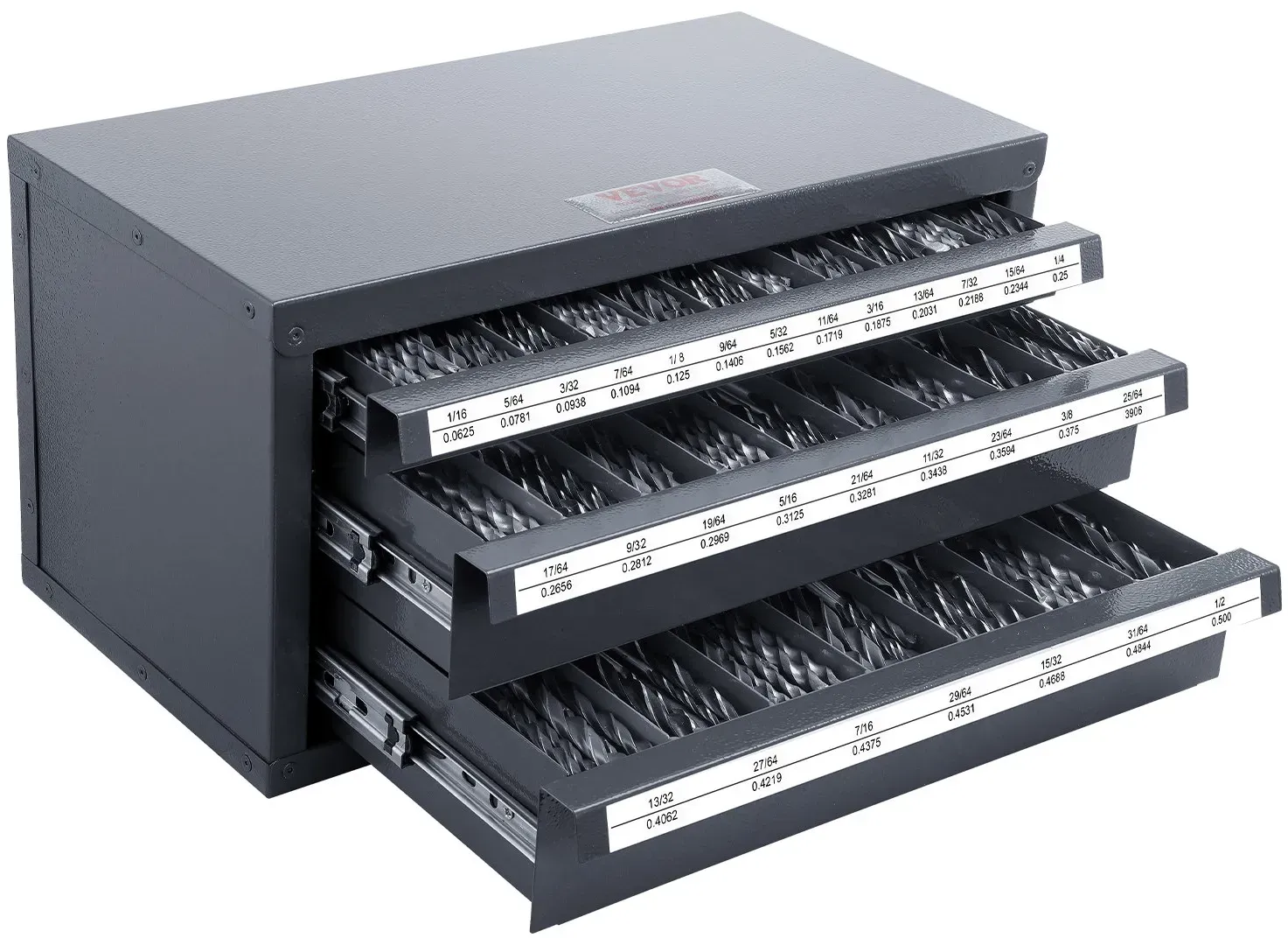 VEVOR Bohrer-Spender-Schrank, Bohrer-Organizer-Schrank mit drei Schubladen für 1/16 bis 1/2 Zoll, Stahl-Bohrer-Spender-Organizer-Schrank mit Etiketten, Stapelbarer Bohrer-Spender für Aufbewahrung
