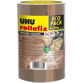UHU Rollafix Packband, Hochwertiges Verpackungsklebeband, braun, 3 x 50m