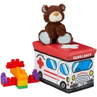 Relaxdays Spielzeugkiste faltbar, Krankenwagen, Aufbewahrungsbox m. Stauraum & Deckel,