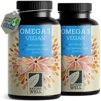 Omega-3 Vegan 180 Kapseln hochdosiert, 2000mg Omega-3 Algenöl pro Tag mit 600mg DHA & 300mg EPA, veganes Omega-3 aus nachhaltigem Anbau als Fischöl-Alternative, laborgeprüft mit Zertifikat, NatureWell