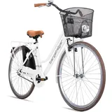 Bergsteiger Amsterdam 26 Zoll Damenfahrrad, ab 140 cm, Korb, Fahrrad-Licht, Mädchen-Fahrrad mit Rücktrittbremse, Hollandrad im Retro-Design - Weiß