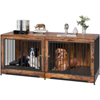 Vevor Hundekäfig Möbel für 2 Hunde, 1901 x 670 x 824 mm Doppel-Hundebox für große Hunderassen mit Trennwand & Doppeltüren, Hundehaus aus Holz, Beistelltisch für mittelgroße und große Hunde, Braun