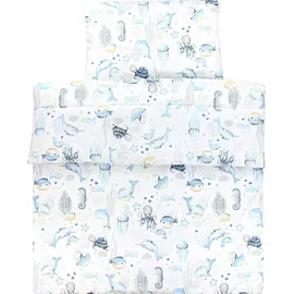TupTam Kinder Gemusterte Bettdecken Set Ganzjahresdecke Bettdecke Kopfkissen Flachkissen 2tlg., Farbe: Meerestiere Blau, Größe: 135x100 cm