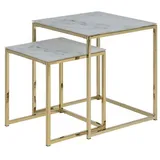 ebuy24 Ebuy24, Couchtisch + Beistelltisch, Einschubtische 2 stk. aus Glas mit weissen Marmor print und goldenen Chrom Beinen.