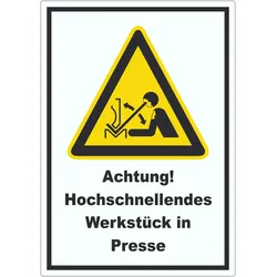 Achtung Hochschnellendes Werkstück in Presse Aufkleber A7 (74x105mm)
