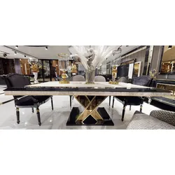 Casa Padrino Luxus Art Deco Esstisch Weiß / Schwarz / Gold - Art Deco Esszimmer Tisch - Art Deco Esszimmer Möbel - Luxus Qualität