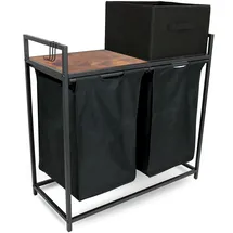 holz4home holz4home® Wäschekorb 2 Fächer 92 Liter ausziehbar mit Aufbewahrungsbox schwarz/Vintage-Look braun