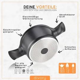 DIVORY Großer Kochtopf 20cm – 3L Topf groß mit Deckel, Gemüsetopf Induktion, Suppentopf mit abnehmbaren Griffen, Fleischtopf hoch Schwarz