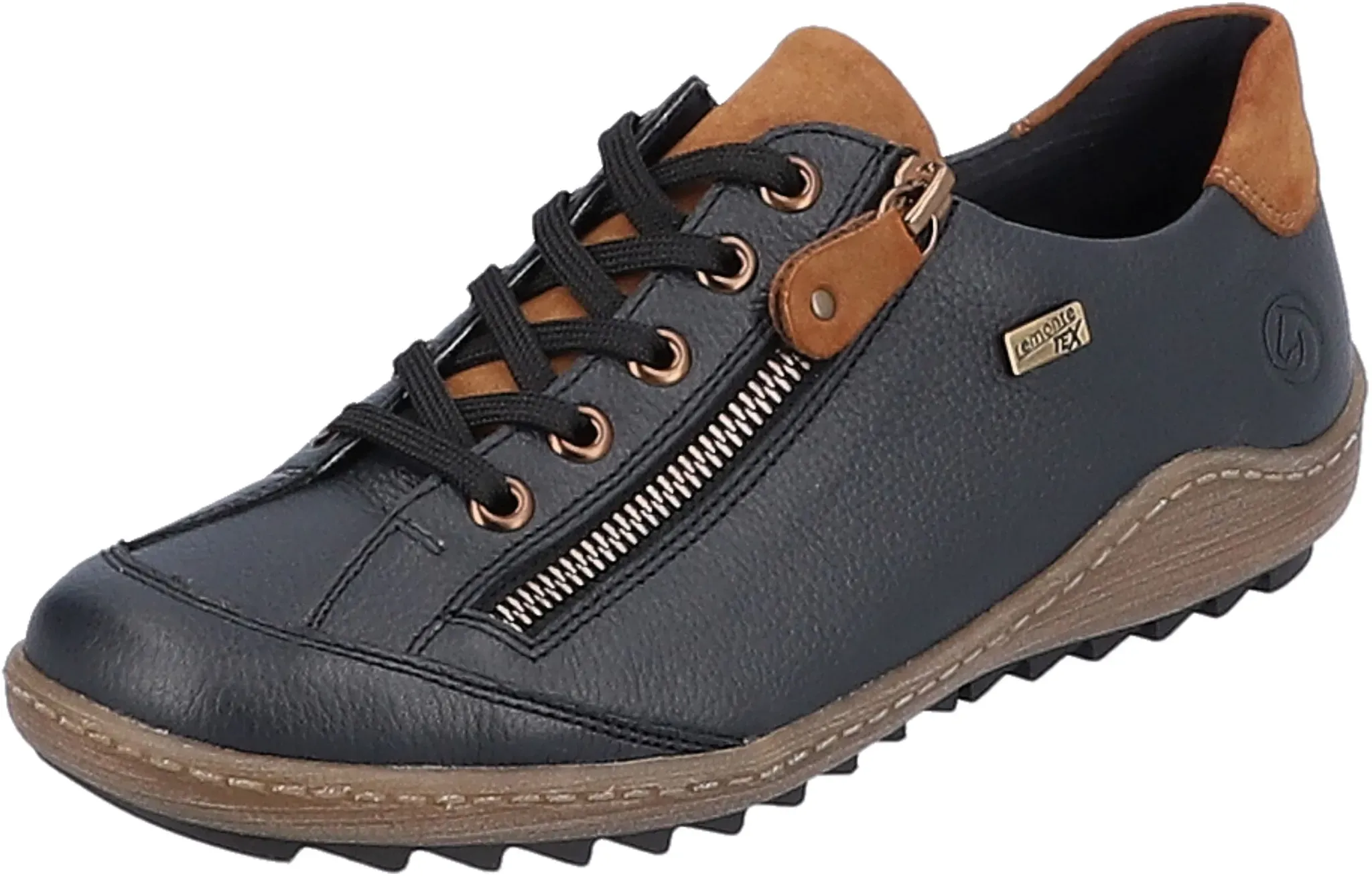 Schnürschuh REMONTE, Damen, Gr. 43, bunt (dunkelblau, braun), Leder, unifarben mit Farbeinsatz, Schuhe Schnürschuh, mit Tex-Ausstattung, Freizeitschuh, Halbschuh, Schnürschuh