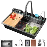 Wasserfall-Küchenspüle 80×46 cm – 1 Becken Edelstahl Nano Schwarz, integrierte Cup-Washer, Pull-out Armatur, Temperaturanzeige, Schneidebrett, Überlauf, Siphon & Ablaufgarnitur – Küchen-Arbeitsplatz