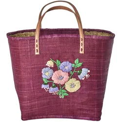 RICE Raffia Tasche Blumenmuster mit Lederriemen, L:33 cm, B:36 cm, H:24 cm, Bordeaux