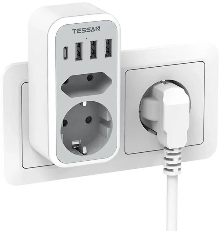 TESSAN Steckdosenadapter mit USB Ladefunktion, 1x Schutzkontakt, 1x Euro, 3x USB-A, 1x USB-C