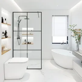 Home Deluxe - Duschabtrennung - BAKI - Breite: 150 cm, Schwarzer Rahmen, Klarglas, 6 Raster Optik - 10 mm ESG - Sicherheitsglas I Walk in Dusche, D... - Transparent