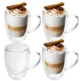 Intirilife 4X Doppelwandige Thermo Gläser Set -250-300ml- Mundgeblasen isoliert für Espresso Cappuccino, Teegläser Kaffeegläser Latte Macchiato Tassen, Schwebeeffekt mit Henkel