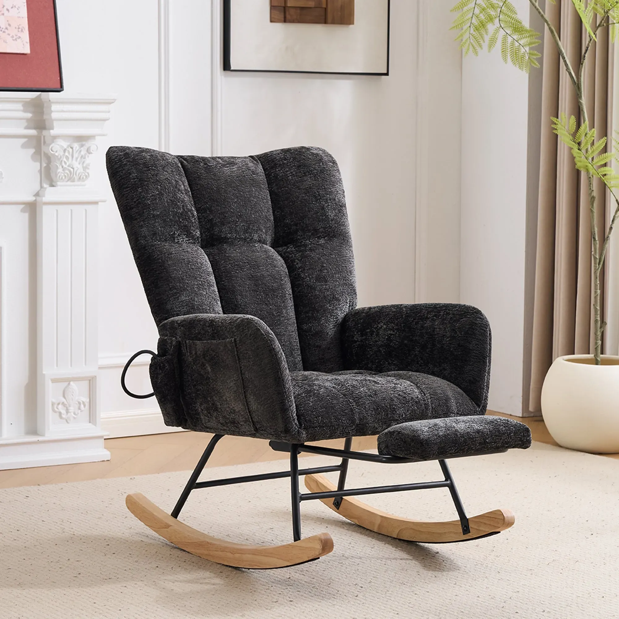 Rocking Chair Nursery with Airbag, Comfy Nursery Rocking Reading Chair Indoor, Cozy Upholstered Glider Rocker Chairs with High Backrest for Living Room Bedroom Offices(Chenille,Black)
