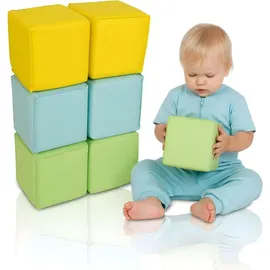 alldoro 60802 Softbausteine-Set mit 6 Schaumstoffwürfeln, 14 x 14 x 14 cm, für Kinder ab 0 Jahre, flüsterleise & sicher, Gelb/Grün/Türkis