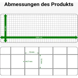 Wiltec Maschendrahtzaun 1 m x 25 m, 0,7 mm Drahtstärke 12x12 mm Maschengröße, Volierendraht 4-Eck aus Stahl verzinkt, Drahtgitter, Vogeldraht