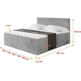 altdecor Boxspringbett - TOLO 160x200 Cord - Hellgrau - Komplett-Set mit Taschenfederkern Matratze und Topper, Polsterbett mit H4-Matratze Bettkäs... - Hellgrau