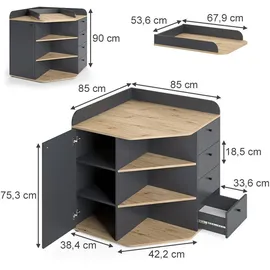 Vicco Wickelkommode Aria, Anthrazit/Artisan/Artisan-Eiche, 85 x 90 cm mit Regalen und 4 Schubladen,