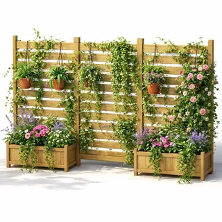 Pamapic 3 Set Blumenkasten mit Rankgitter, Holz Pflanzkasten mit sichtschutz & Entwässerungslöchern, Pflanzkübel mit Rankgitter für Kletterpflanzen, Blumen & Gemüse, Garten, Terrasse