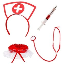 Widdmann Kostüm Krankenschwester Accessoire-Set, Für sexy Pflegerinnen mit spitzen Spritzen-Strumpfband rot