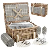 Weidenkorb für 2 Personen – Weidenkorb mit wasserdichter Picknickdecke | Weiden-Picknick-Set mit isoliertem Kühler | Weidenkorb mit Besteckset | Geschenkkorb für Weihnachten, Danksagung, Grau