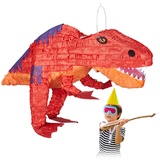 Relaxdays 2 x Dinopinata, zum Aufhängen, Kinder, Mädchen & Jungs, Geburtstag, zum Befüllen, Papier, Pinata Dinosaurier, rot