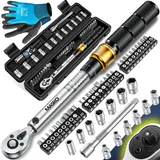 Masko MASKO® Drehmomentschlüssel 45-tlg. Set Auto, Fahrrad & Motorrad 1/4 Zoll 5-25Nm inkl. Handschuhe, Magnetische Zündkerzenhülse Stecknüsse mit Verlängerungsstange 100mm +/- 4% Toleranz Reifenschlüsse