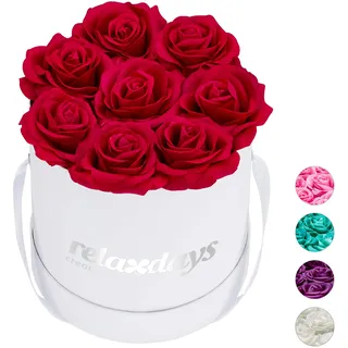 Relaxdays Rosenbox rund, 8 Rosen, stabile Flowerbox weiß, 10 Jahre haltbar, Geschenkidee, dekorative Blumenbox, rot, 17 x 17 x 17 cm