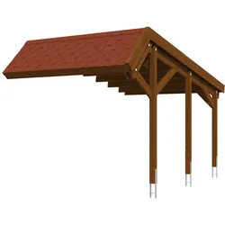 Skan Holz Harz Stellplatzerweiterung nussbaum mit roten Schindeln Holzcarport