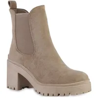 VAN HILL Damen Chelsea Boots Blockabsatz Plateau Vorne Trendy Schuhe 840564 213170 Khaki Velours, 38 - 38