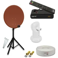 PremiumX Satelliten-Komplettanlage 80cm Satellitenschüssel Ziegelrot Single LNB Kabel Dreibein-Stativ