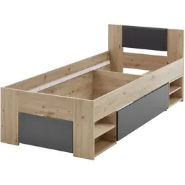 RELITA Stauraumbett 90x200cm, 2 Schubladen, Nako auf Rollen, Kopfteil m. Kunstleder schwarz, Artisan-Graphit