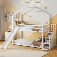 Merax Hochbett mit Rutsche 90 x 200 cm, Kinderbett mit Rausfallschutz und Treppe, Hausbett mit Stauraum für Jungen & Mädchen, Weiß (Ohne Matratze)