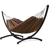 Potenza Outdoor Hängematte mit Gestell für 2 Personen I Baumwolle Doppelhängematte XXL 220x160, 200kg I Hängemattengestell 220kg, wetterfest (Toffee, Gestell Braun)