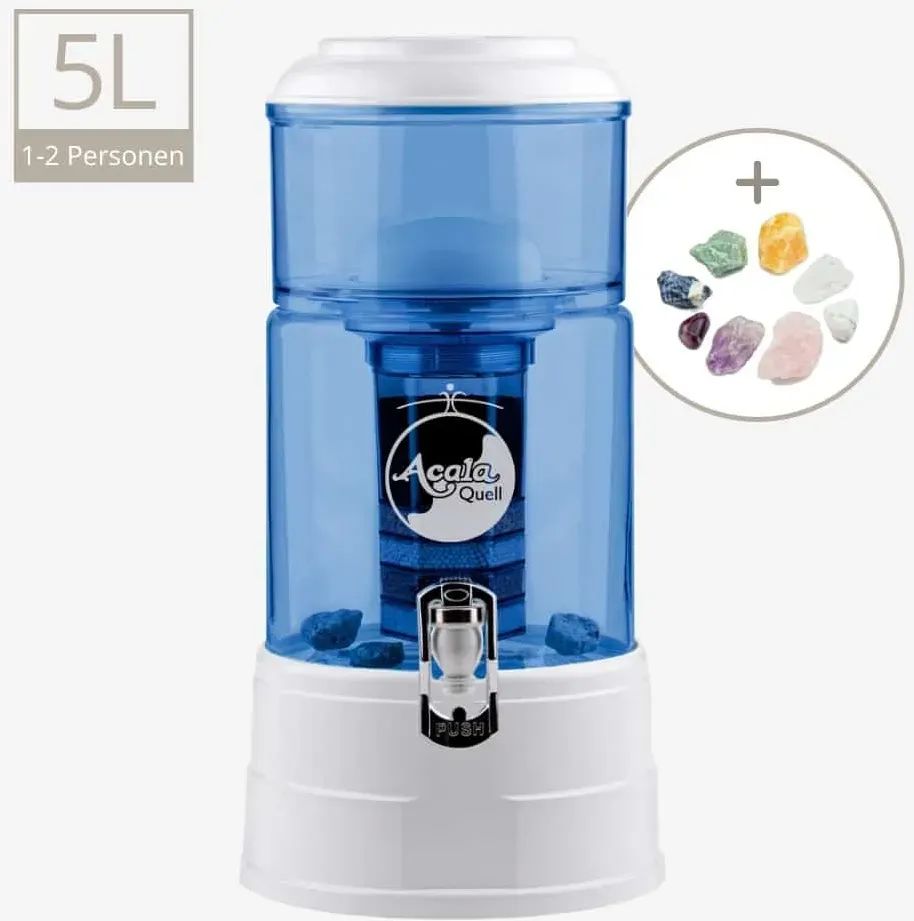AcalaQuell Mini Wasserfilter (5L) - handgefertiges Kristallglas blau (+ 110,00 €), Edelstahl Yakawa (+ 15,80 €), ohne