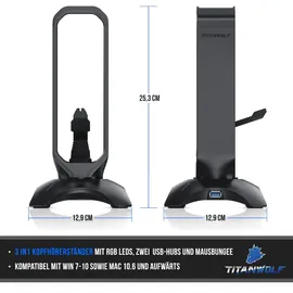 Titanwolf Kopfhörerständer mit 2 x USB 3.2 und Mausbungee Headphone stand mit Farbwechselmodus
