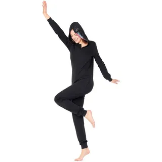 Ladeheid Schlafanzug Damen Schlafoverall aus Baumwolle Jumpsuit mit Kapuze LA40-234 ohne schwarz XS