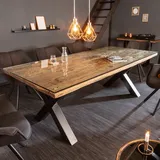 Massivholz Esstisch BARRACUDA 220cm natur Teak inkl. Glasplatte schwarze Metall