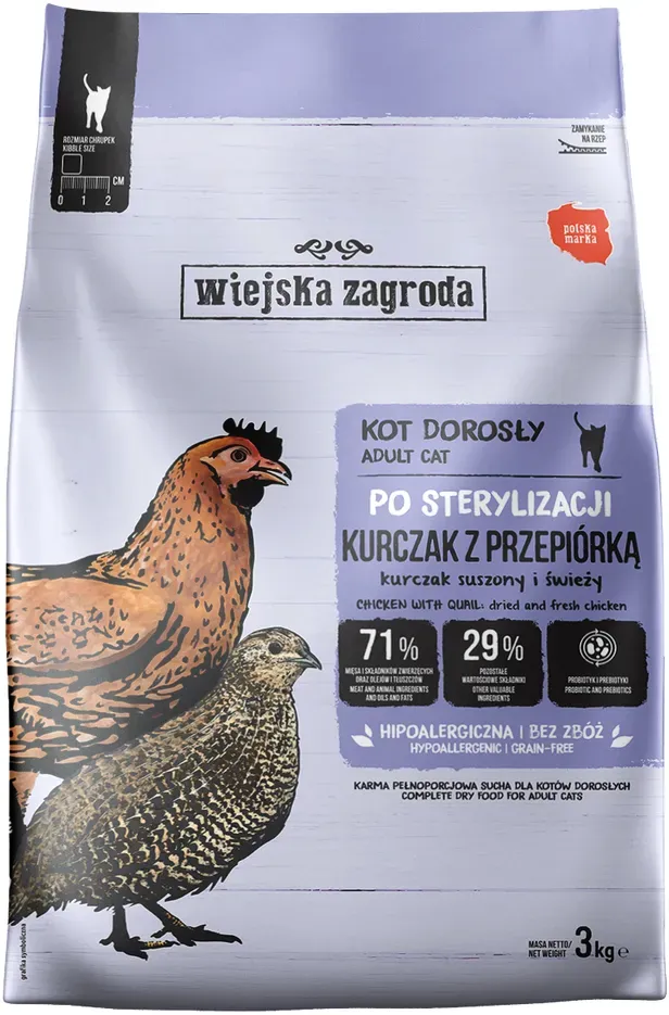 Wiejska Zagroda Trockenfutter für kastrierte Katzen – Huhn mit Wachtel (für ausgewachsene Katzen) 3kg