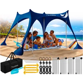 eloneo Strandzelt, Sonnensegel Strand 300x300x200 cm, LSF 50+, Sonnenschutz für Strand mit Sandschaufel, Heringen und 4 Stabilitätsstangen, 8 Personen, Navy