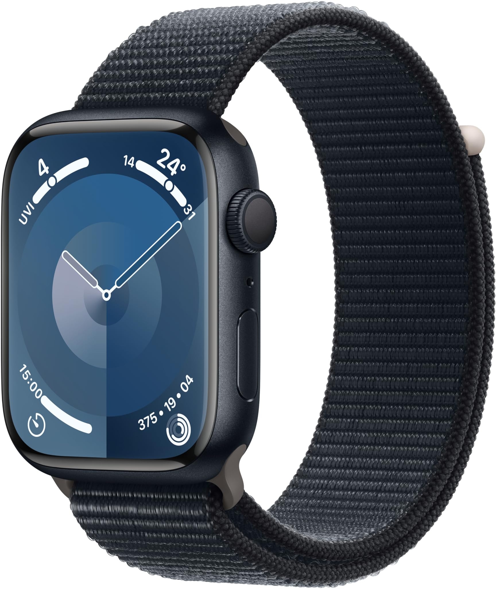 Apple Watch Series 9 (GPS, 45 mm) Smartwatch mit Aluminiumgehäuse und Sport Loop Armband in Mitternacht. Fitnesstracker, Blutsauerstoff und EKG Apps, Always-On Retina Display, CO2 neutral
