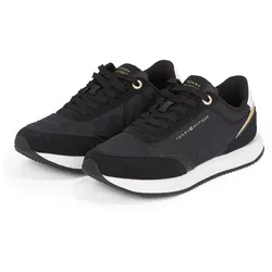 Plateausneaker TOMMY HILFIGER "ESSENTIAL RUNNER", Damen, Gr. 40, schwarz, Textil, Leder, Lederimitat, sportlich, Schuhe, Freizeitschuh, Halbschuh, Schnürschuh mit Kontrastbesätzen